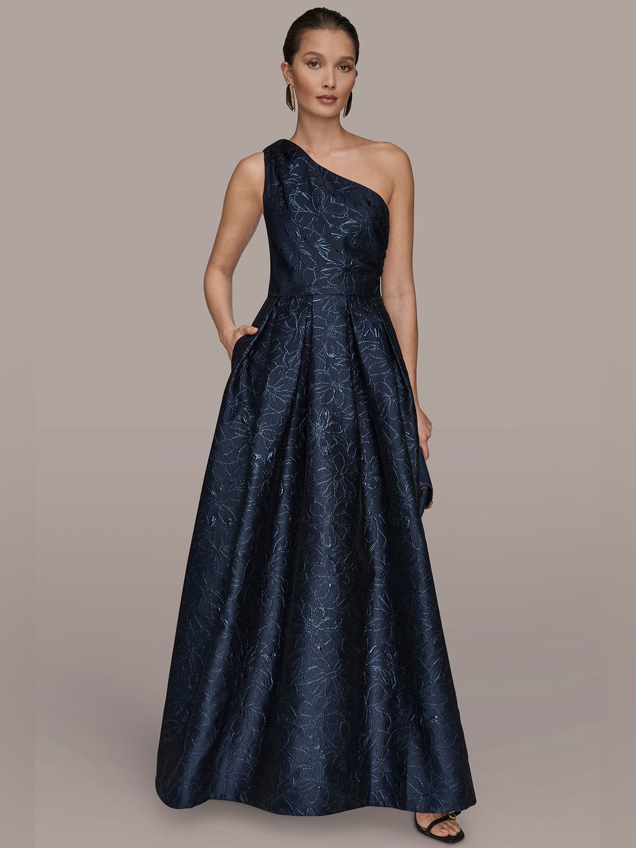 Donna Karan Midnight Navy One-Shoulder Floral Jacquard Maxi Gown